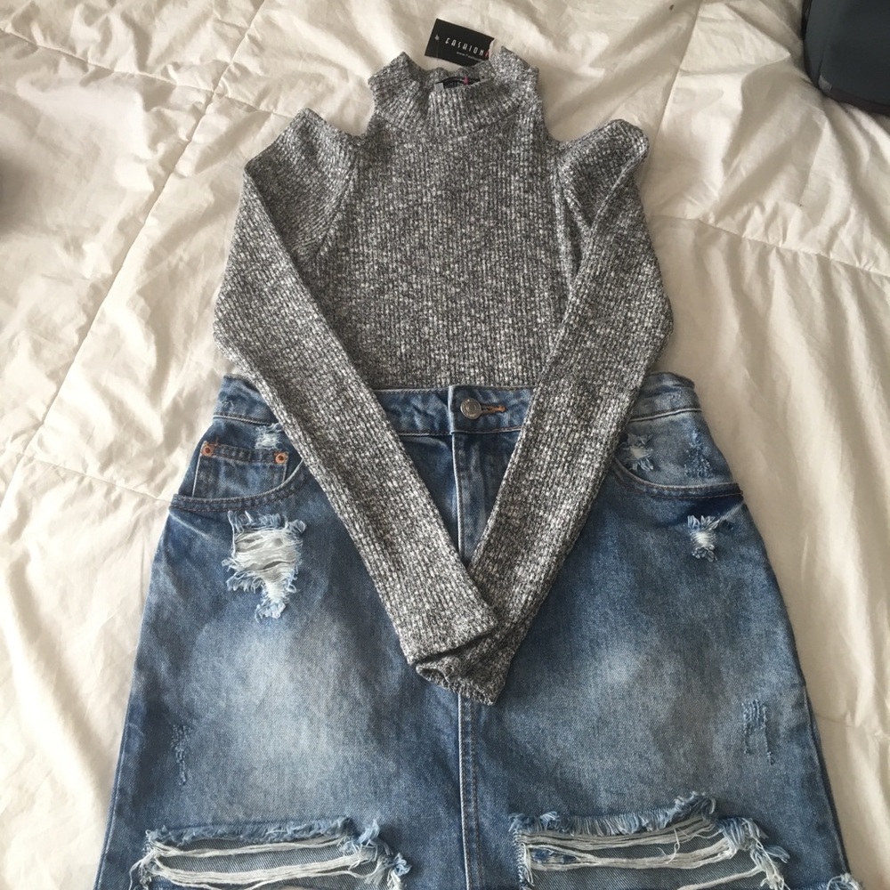 Grey Cold Shoulder Mock Neck Sweater Bodysuit